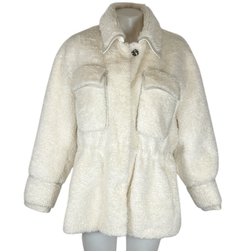Maeve Anthropologie cinch waist snap front white faux fur jacket small - Picture 2 of 11